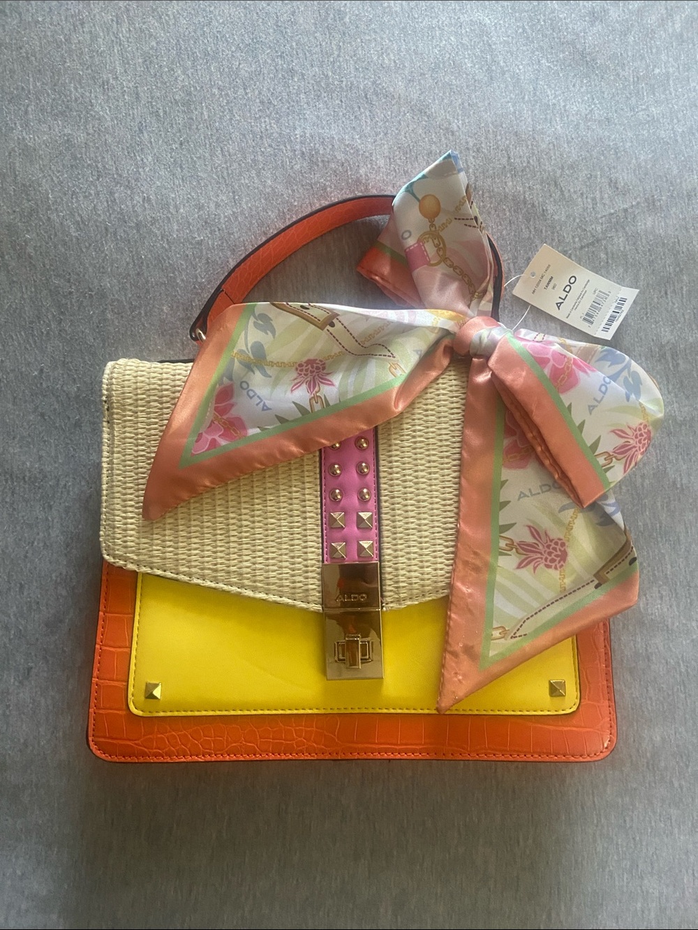 ALDO Yellow, Orange & Pink Top-Handle Satchel with Floral Scarf